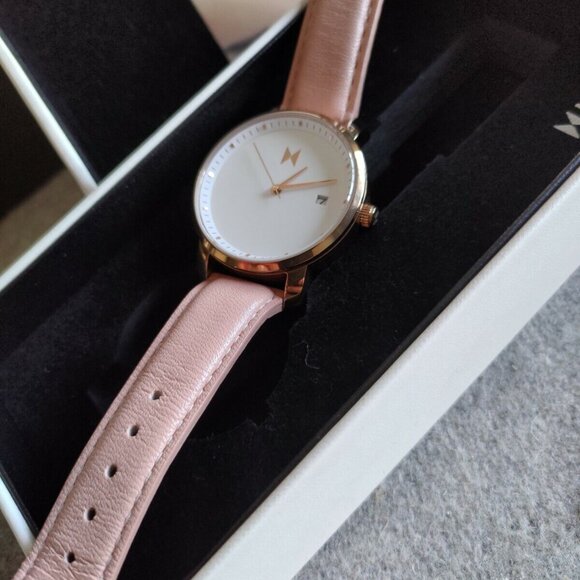 WOMEN'S MVMT 40MM ROSE GOLD WATCH STAINLESS STEEL WHITE DIAL CORAL LEATHER BAND - Picture 4 of 10